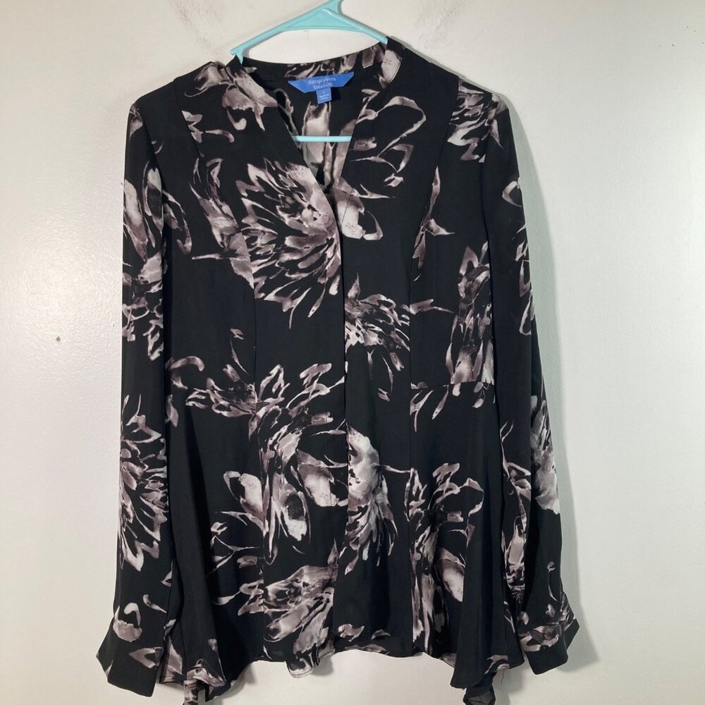 Womens Simply Vera Vera Wang Floral Button Shirt Long Sleeve Black White S Polye